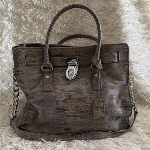 RARE HTF Michael Kors Gray Crocodile Alligator Hamilton Satchel Bag